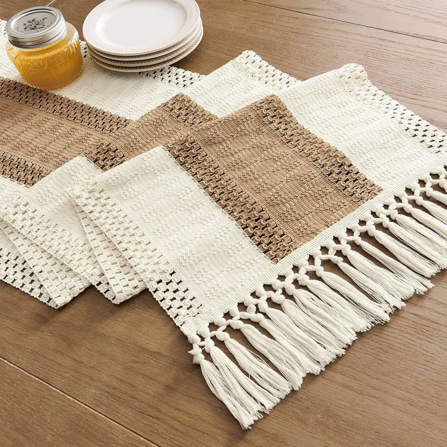 Simple cotton and linen tablecloth, long tassel tablecloth, home living room dining table decoration tablecloth, table runner