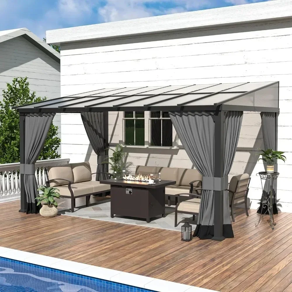 

Outdoor Gazebo, Hardtop Wall Mounted Gazebos with Sloping Sun Panel Roof, Double Curtains, Gazebo