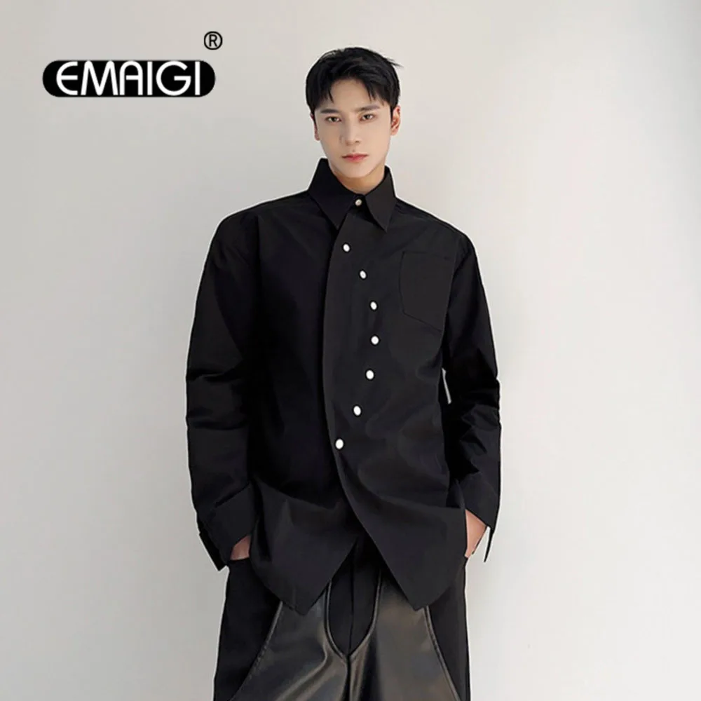 

Men Dark Metal Button Design Japan Korean Streetwear Fashion Loose Casual Long Sleeve Shirt Stage Show Clothing