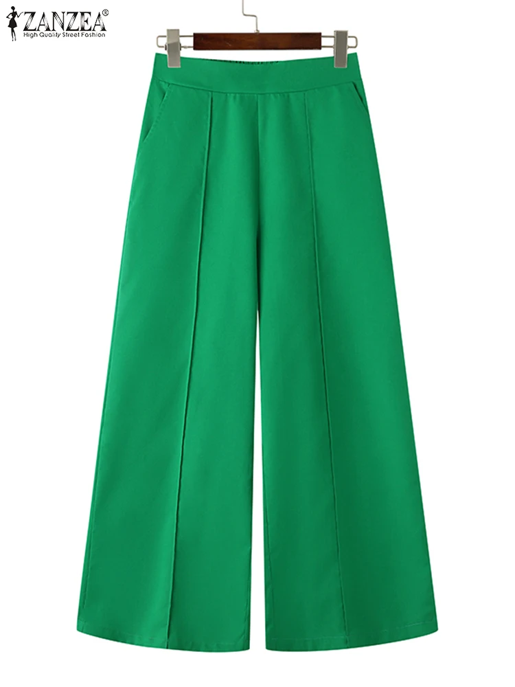 ZANZEA Women Casual Loose Pants Capris Elegant Wide Leg Pant 2024 Summer OL Solid Trouser Oversized High Waist Pantalon Palazzo