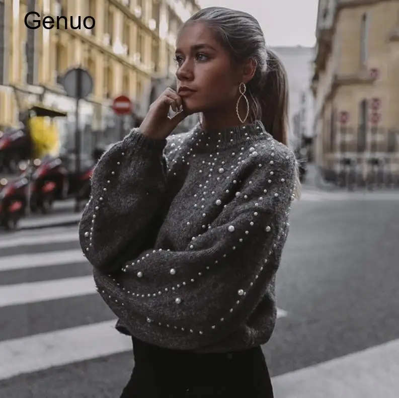 2026 Women Crew Neck Pearl Embellished Pullover Sweater Casual Long Sleeve Knit Top Autumn Winter Outerwear