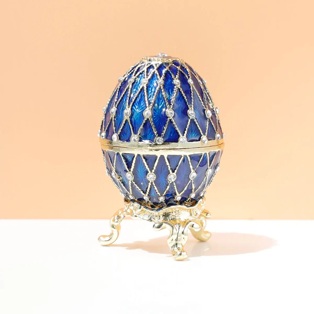 SUSUZUKU 1 PC Blue Faberge Egg Ornaments Collectible,Hand-Painted Easter Egg Crystal Jeweled Trinket Jewelry Box Hinged