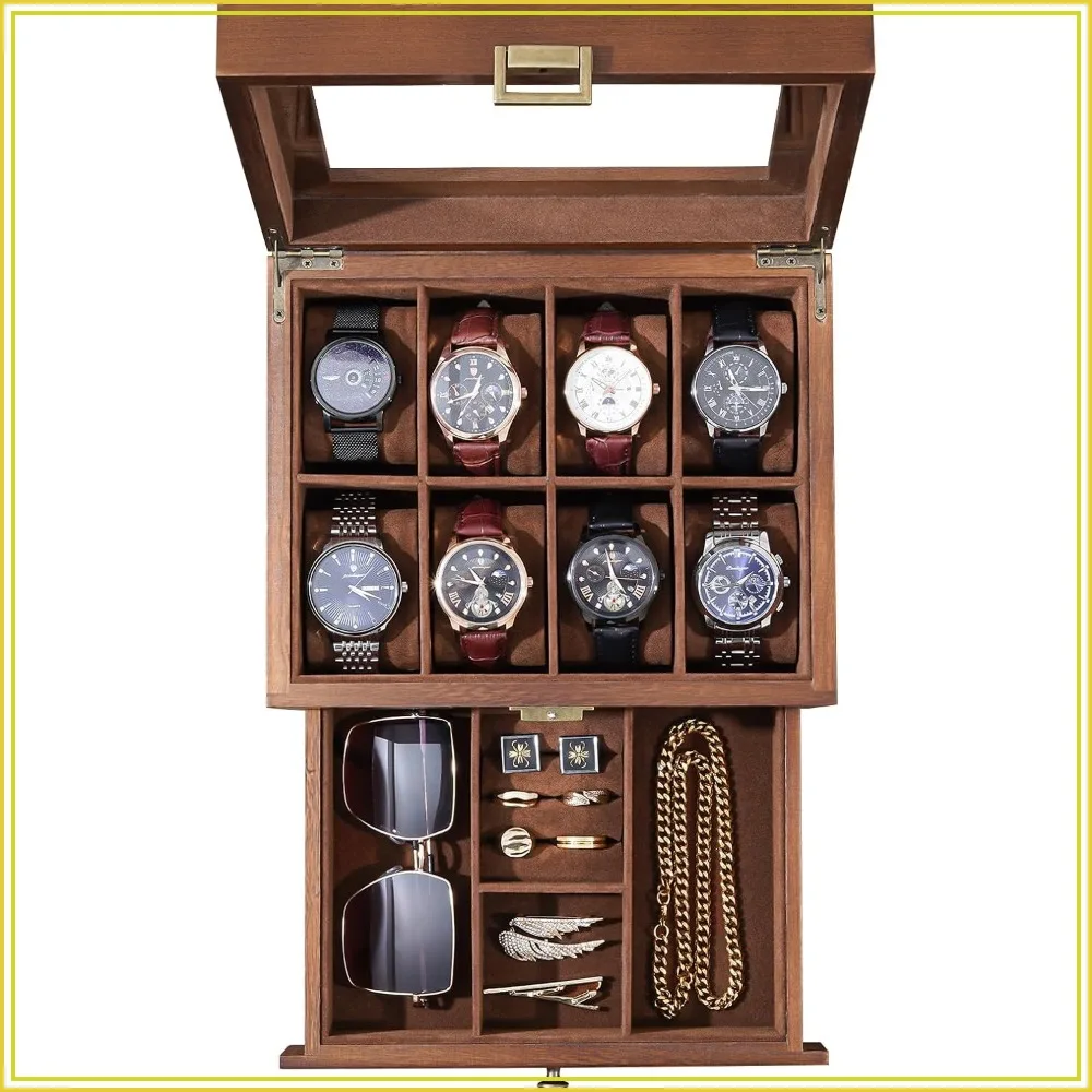 8-Slot Wooden Watch Box with Drawer, 2-Layer Jewelry Organizer, Gift for Men Women, Brown