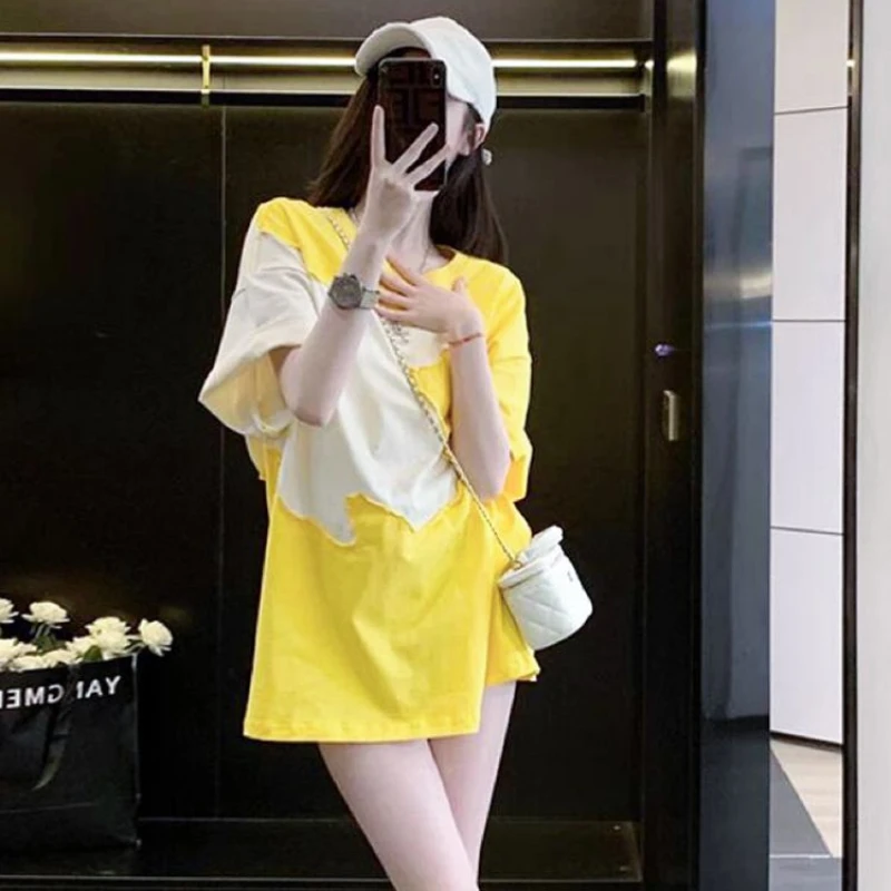 

EBAIHUI Yellow Short Sleeved T-shirt Loose Oversized Patchwork Design Women's T Shirt Summer Round Neck Loose Korean Version Tee