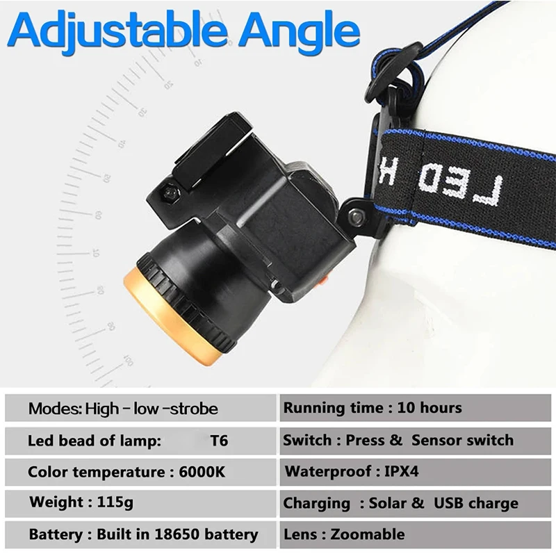 Solar Charging Head Lamp USB Rechargeable Headlight Waterproof Headlamp Ultra Bright Head Light High Lumen Head Front Light