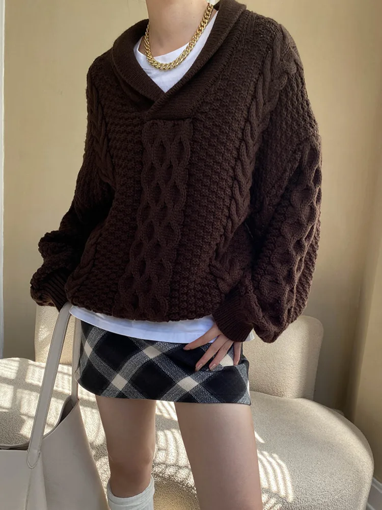 DEAT Fashion Knitted Pullover Women's Lapel Spliced Long Sleeve Solid Color Loose Twist Sweater Autumn Spring 2025 New 7AB6973