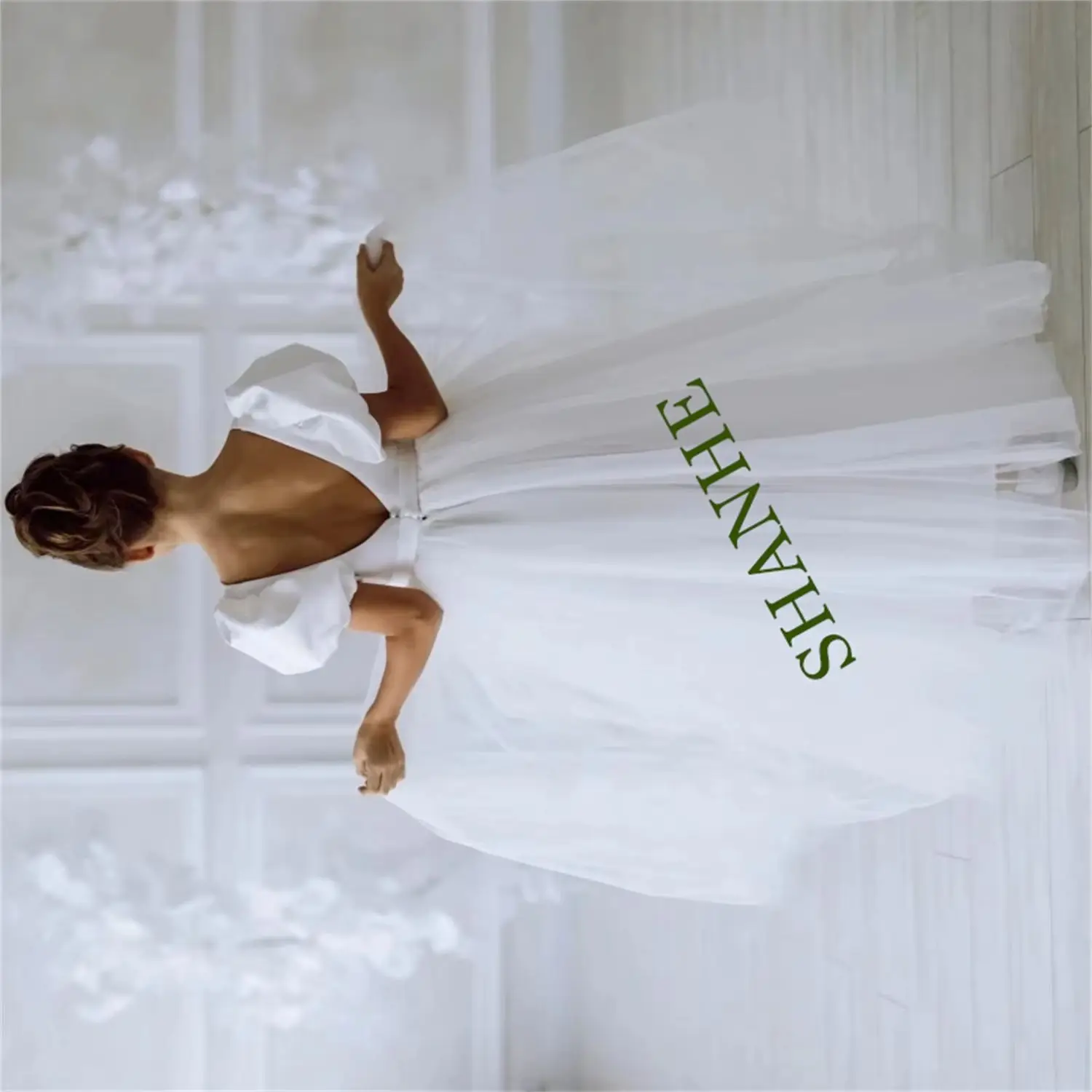 

White Tulle Flower Girl Dress For Wedding V-neck Puffy Short Sleeves Kids Birthday Party Ball Princess First Communion Gowns