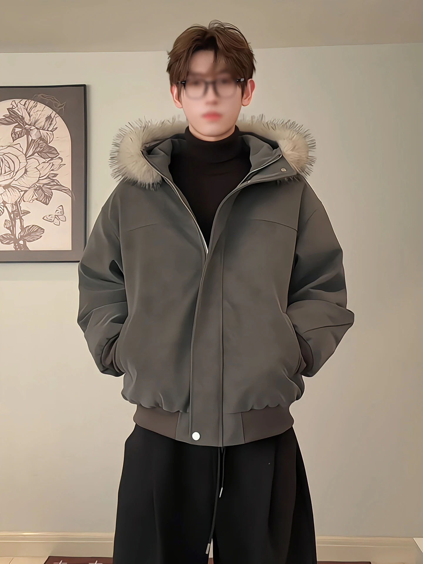 

Trendy American Sle Men's PU Leather Parka Cotton Jaet with Removable Hood And Fur Collar for Winter Warm And Thiened