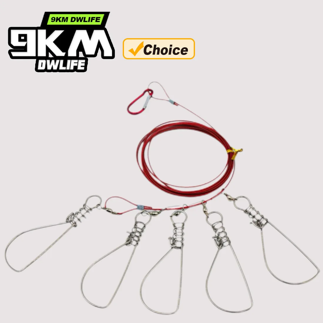 9KM 5 Clips Red Rope Fishing Stringer, Stainless Steel Fish Lock Holder for Live Fish Fishing Terminal Tackle