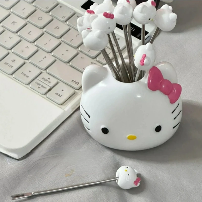 5Pcs/10Pcs Sanrio Hello Kitty Creative Home Stainless Steel Fruit Fork Cute Fruit Sticker with Storage Bucket