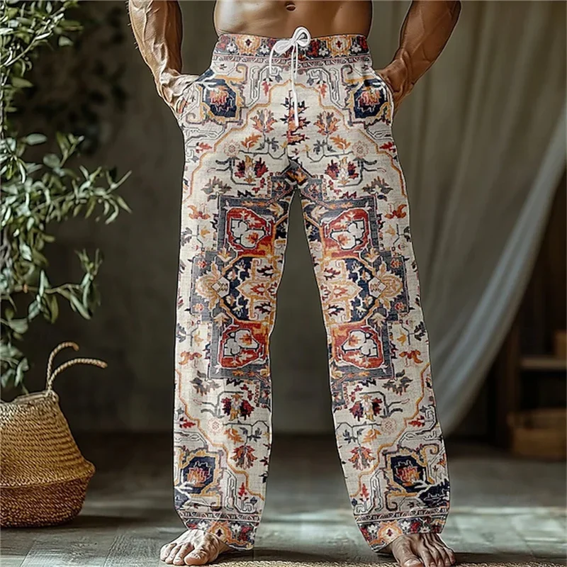 Herrenhose in Rotbraun mit Tribal- und Geometrischem Patchwork, Locker Geschnitten, Weites Bein, Lässige Sommerhose für Strand und Alltag mit Kordelzug und Seitentaschen – Detail 16