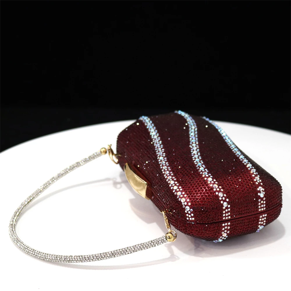 Fashion Women Evening Bags Metal Stripe Luxury Diamonds Clutch Wine Color Rhinestones Chain Shoulder Handbags