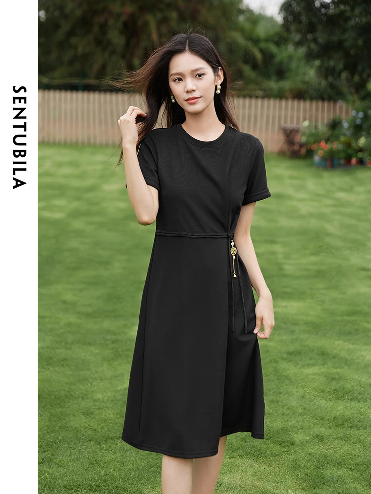 SENTUBILA Casual Waisted Short Sleeve T-shirt Dress 2024 Summer Comfort Round Neck Straight Dresses Odzież damska 142L54582