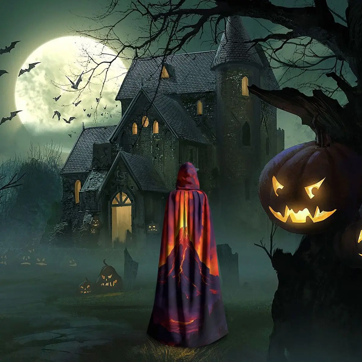 밤에 화산 폭발 긴 후드 망토 마녀 중세 의상 코스프레 케이프 할로윈 뱀파이어 성인 유니섹스