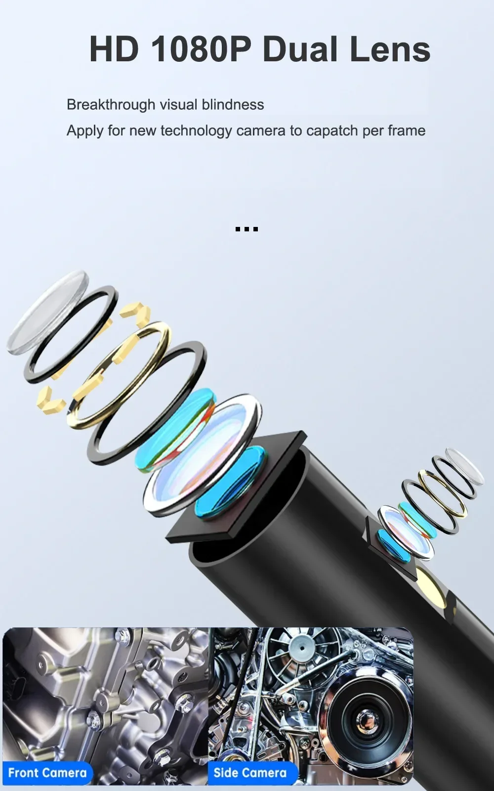 360 Degree Automatic Rotation High-Definition Industrial Endoscope Pipe Camera 8mm Dual Lens 2 Million Pixels