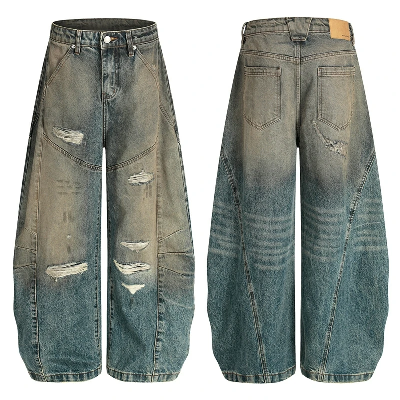 

American Style Men Denim Pants Holes Design Washed Mud-dying Contrast Color Worn-out Wide Leg Male Curved-knife Jeans