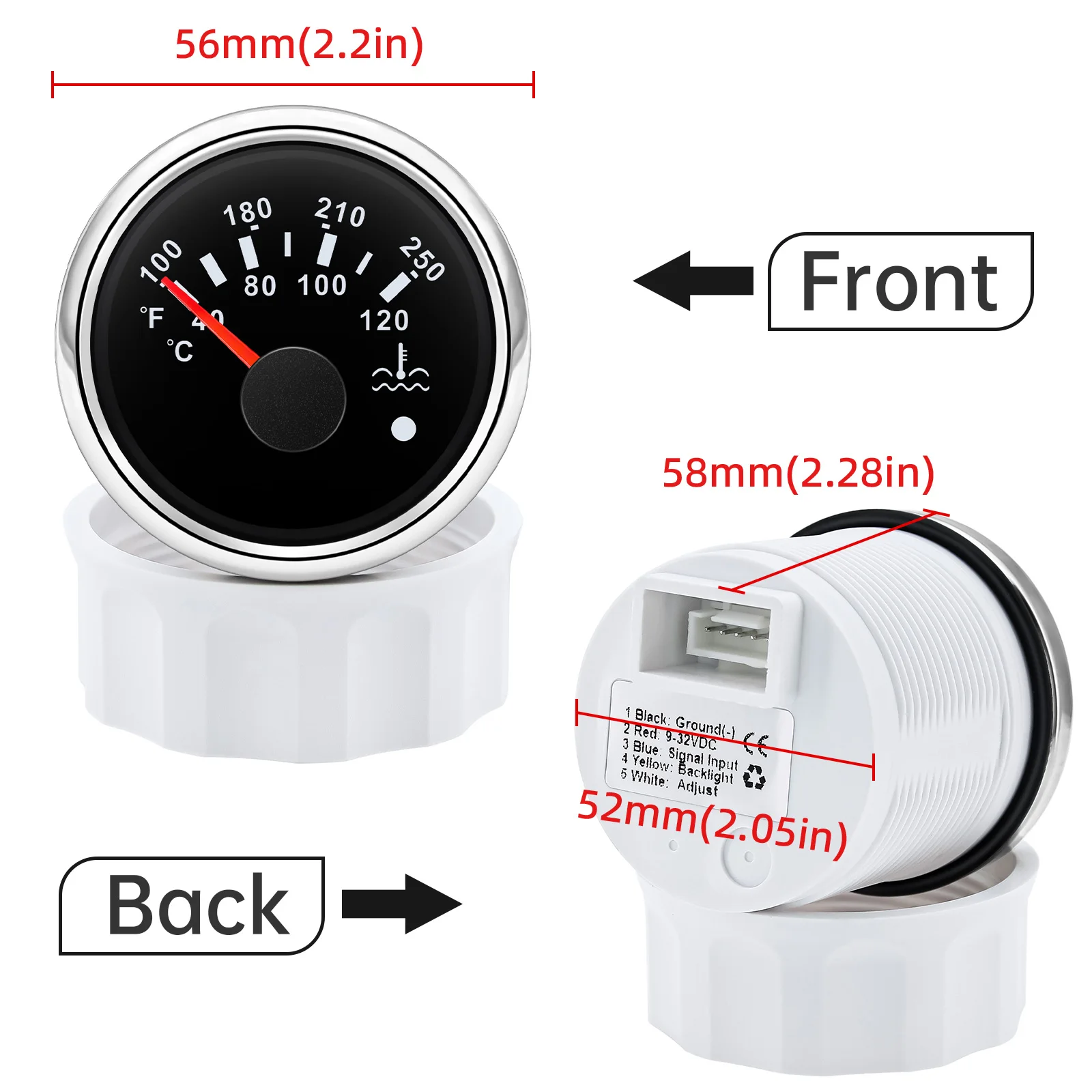 40~120 ℃ ,100~250 ℉   Medidor de temperatura del agua LED de 7 colores 52 mm Medidor de temperatura del agua con alarma intermitente para motor de barco de automóvil 12 V 24 V