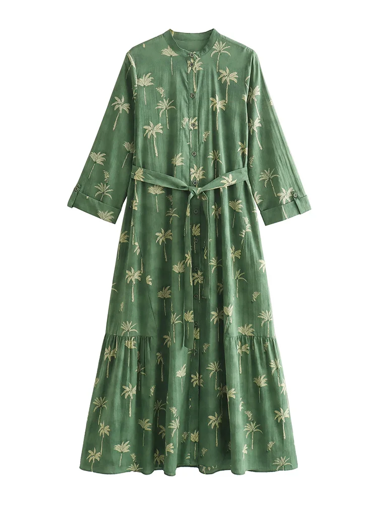 Robes mi-longues printemps été pour femme ourlet à volants robe boho de vacances imprimée vintage à manches 3/4 robe chemise boutonnée avec ceinture