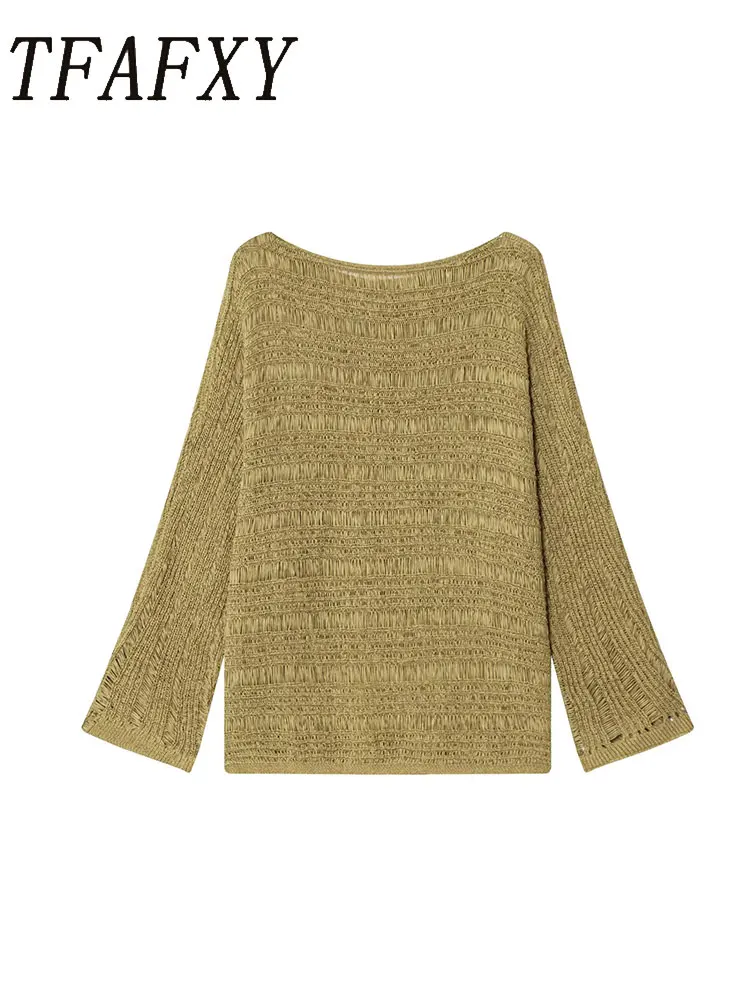 

TFAFXY женский повседневный свитер, однотонный вязаный свитер с длинными рукавами, модные осенние ажурные пуловеры, элегантные топы