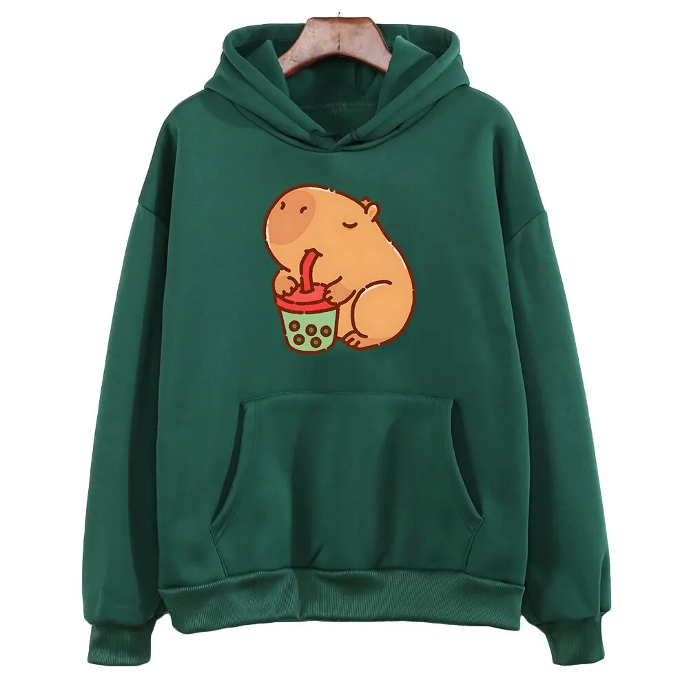 Capybara Drink Bubble Tea Hoodie Kawaii Animal Cartoon Graphic Sweatshirt Kids Clothes Girl Long Sleeve Hooded Boys Top Harajuku