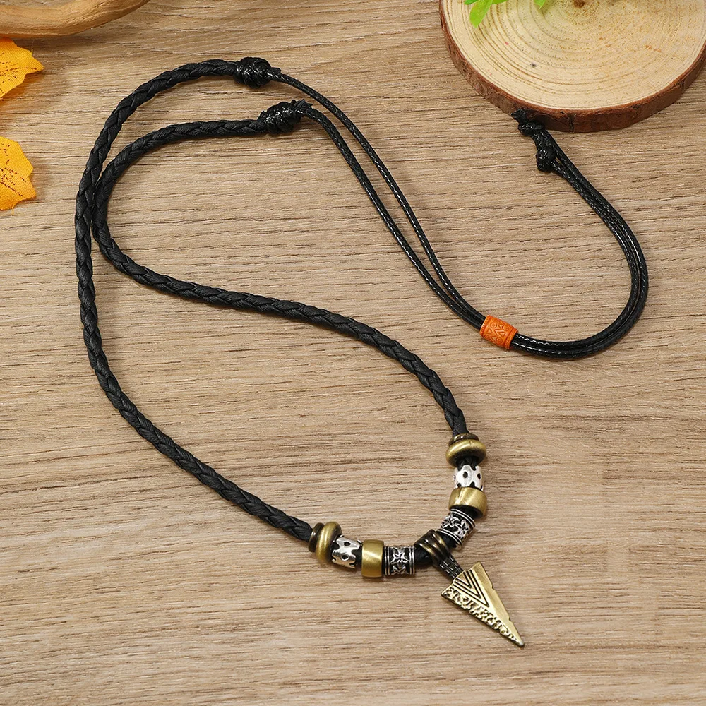 New retro style woven necklace personalized metal triangular pyramid pendant accessories pendant men's beaded wax rope sweater c