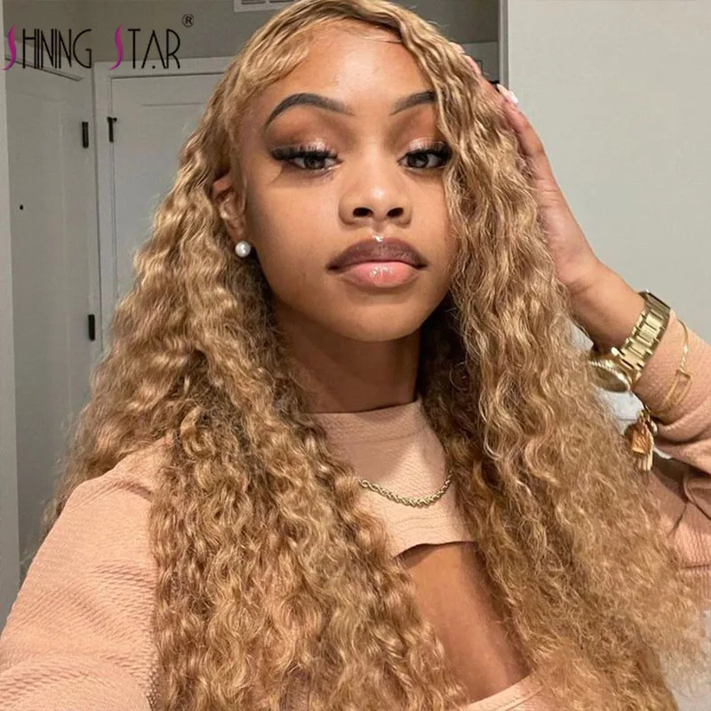 Perruque Lace Front Wig Remy Naturelle Bouclée, Couleur Blond Miel, 13x4, 13x4, Pre-Plucked, Transparente, Deep Wave, pour Femme