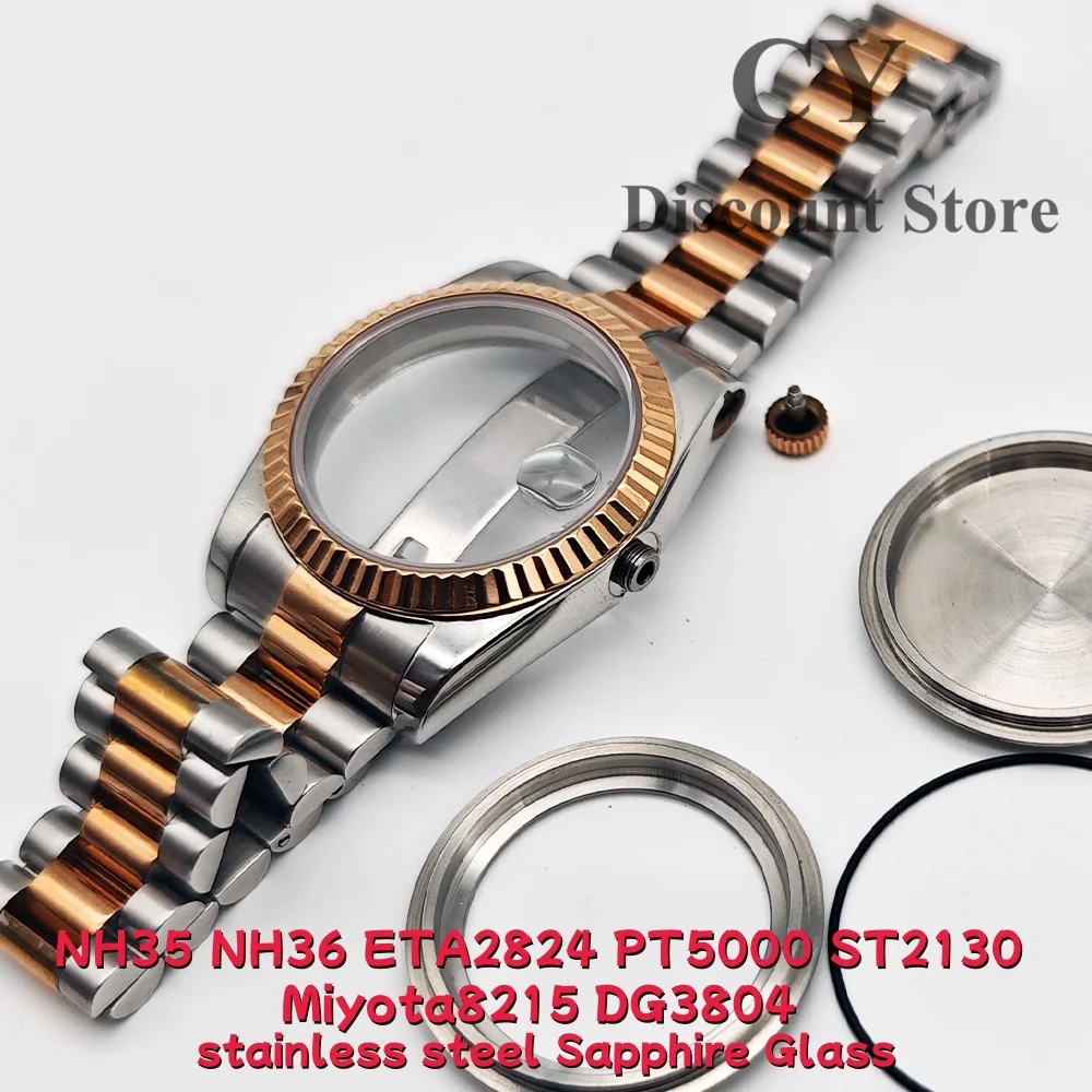 RICHUS Rose Gold & Silver Stainless Steel Watch Case 36mm 39mm Compatible with NH35 NH36 ETA2824 ST2130 PT5000 Miyota8215 Moveme