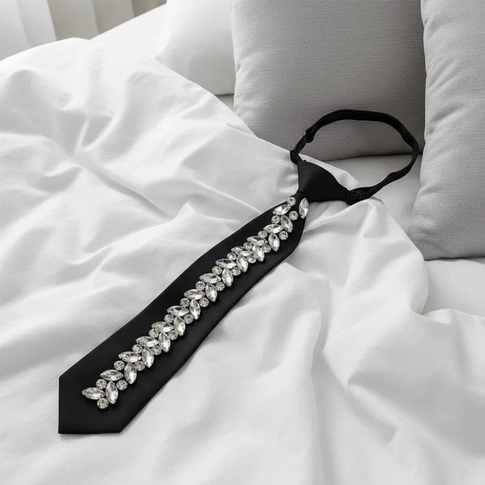 Decoration Shirt Tie Locomotive Style Rhinestone Tie Black Choker Crystal Long Necktie Necklace Collar Pre-tied Tie Students