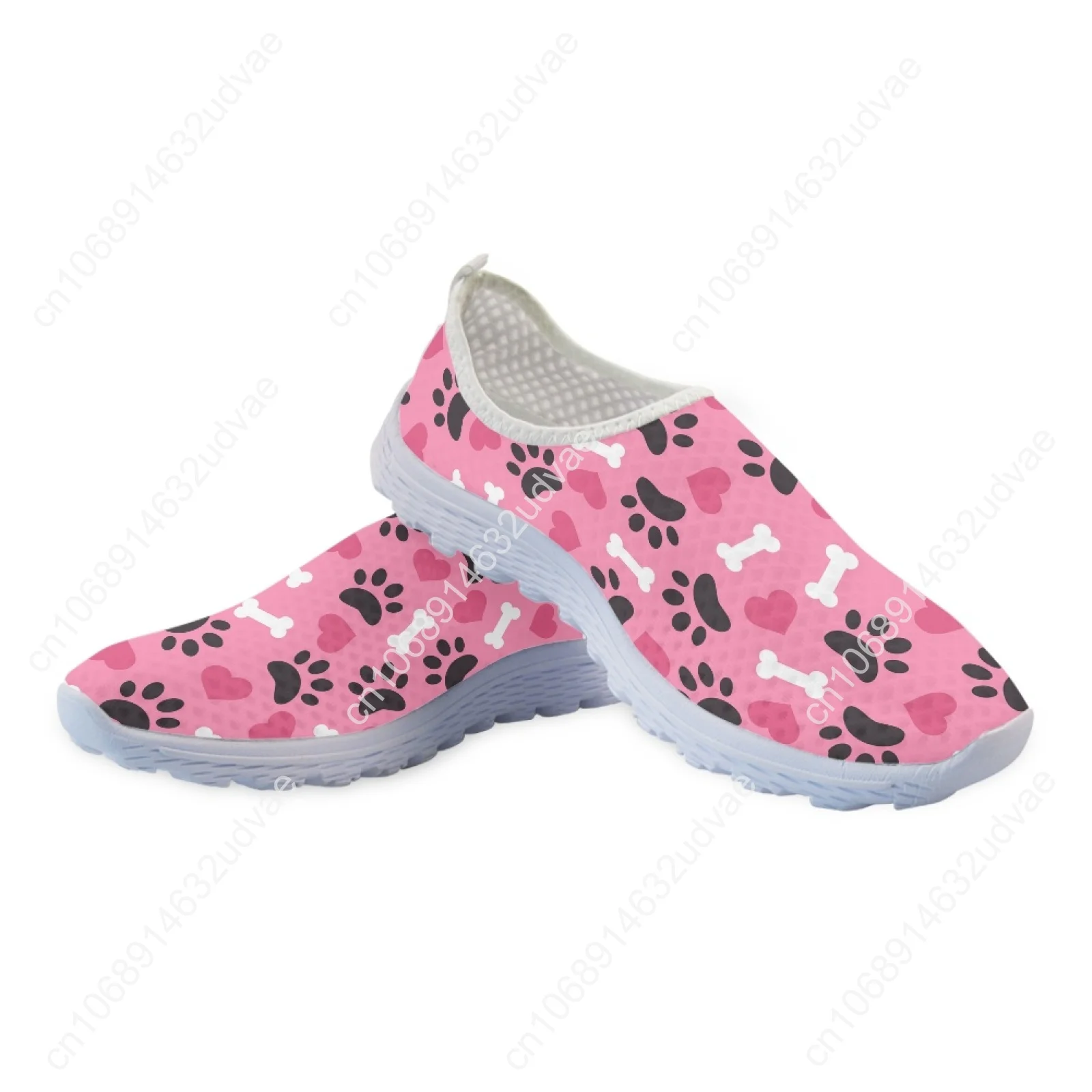 Pink Dog Paw Love Print Loafers Woman Summer Air Mesh Flats Girl Lightweight Breathable Slip On Sneakers Women