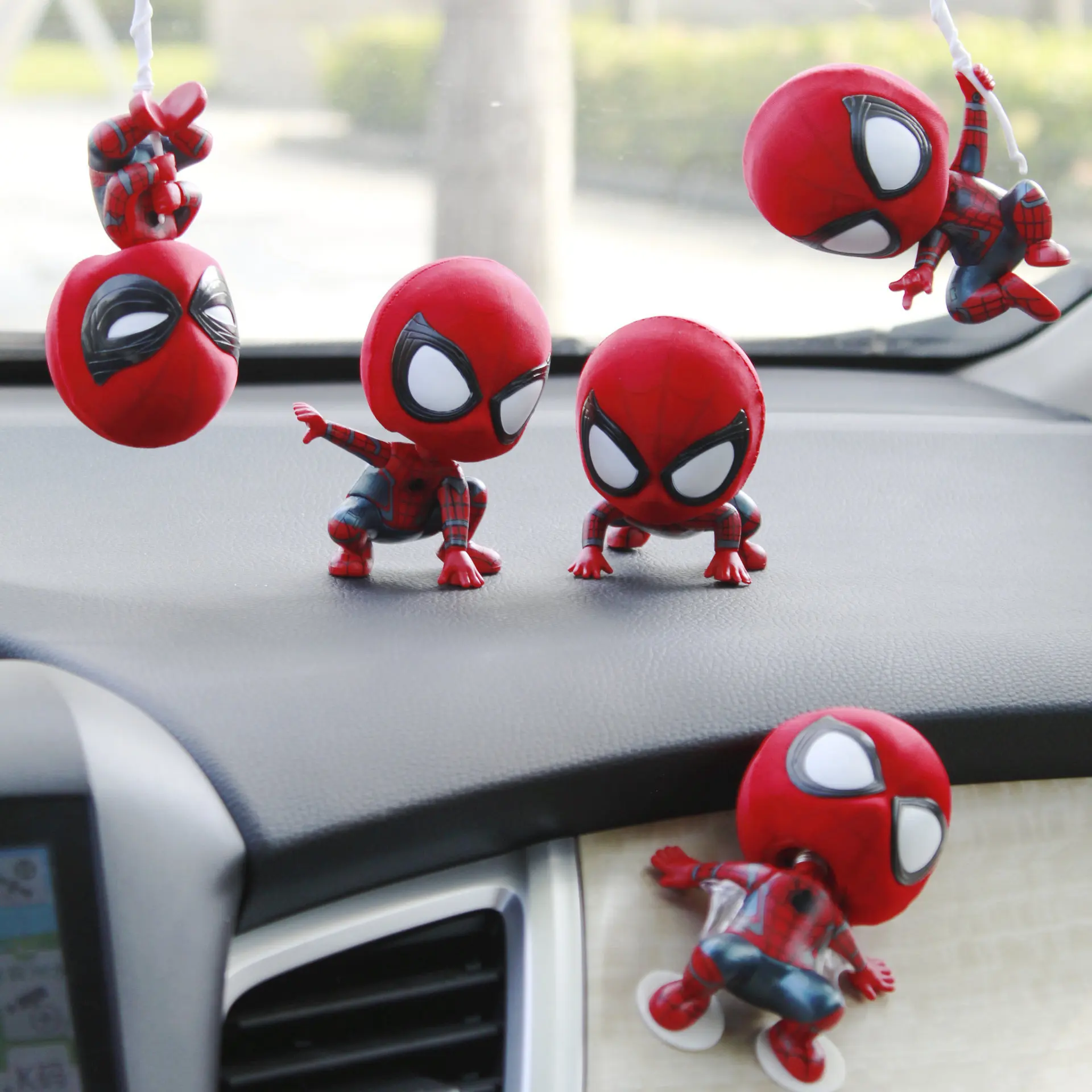 Q-Version Shaking Head Spider Man Hero Expedition Squatting Climbing Hanging Rope Doll Cute Ornament Car Decoration Peripheral