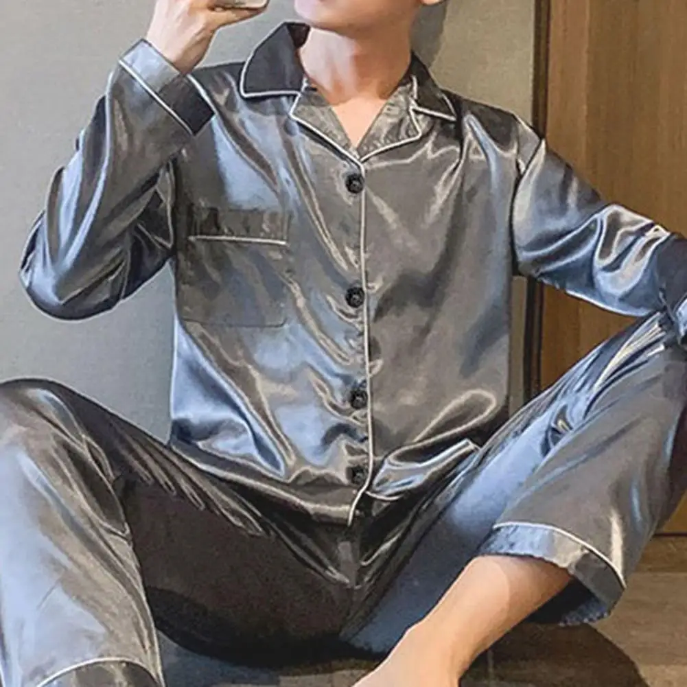 Ice Silk Pajamas Set Pullover Summer Long-sleeved Thin Silk Pajamas for Men Casual Homewear Suit Sleepwear Top Pants Clothing