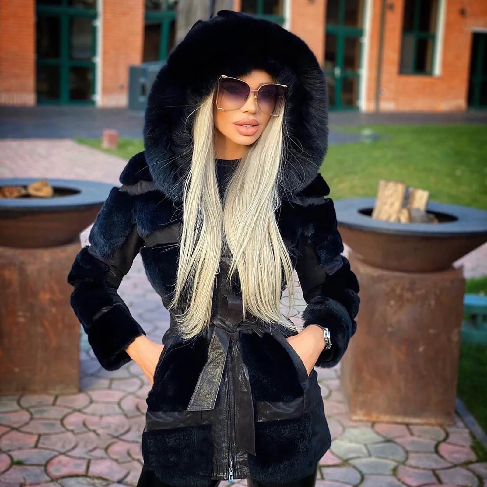 Casual Women Mid-length Black Real Rex Rabbit Fur Jacket with Hood Genuine Leather Wholeskin Natural Rex Rabbit Fur Coat Zipper