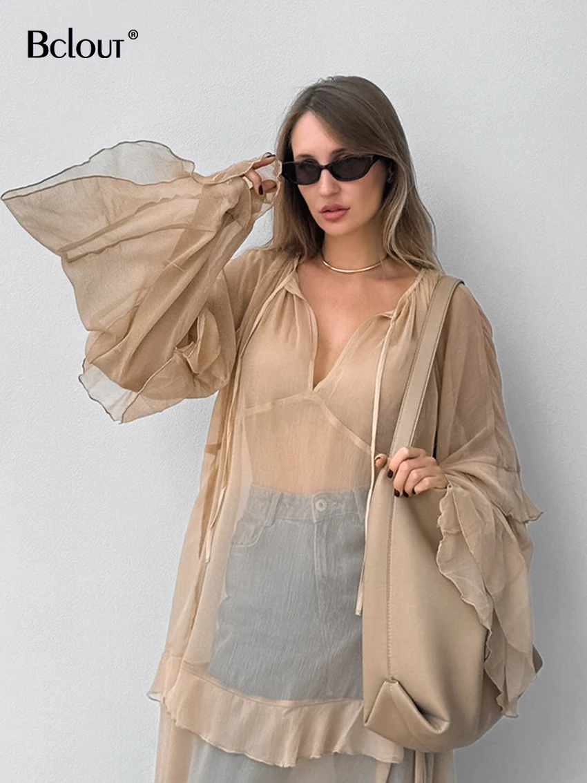 Bclout Fashion Loose Khaki Long Dress Women 2024 Streetwear O-Neck Transparent Sexy Dresses Casual Batwing Sleeve Ruffled Dress