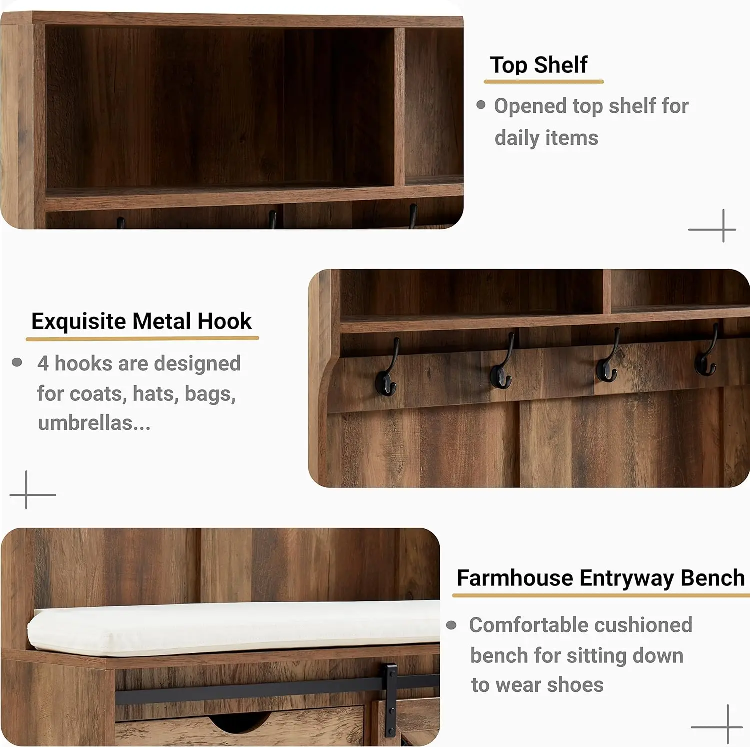 Entryway Hall Tree with Coat Rack and StorageBench,Wood Coat Tree with Cushioned Stool and Hooks for Hallway,Living Room,Mudroom