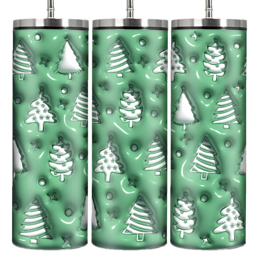 1pc Water Mug Straw Lid 20oz Stainless Insulated Straight Tumbler Print 3D Christmas Tree Drink Mugs Xmas Gifts Festive Decors