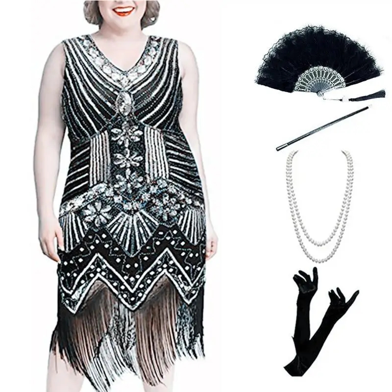 Large Size Women's Ensemble 920s Retro Sequin Par Dinner V-ne Tassel Dr Beadwork Winter Collection Gown
