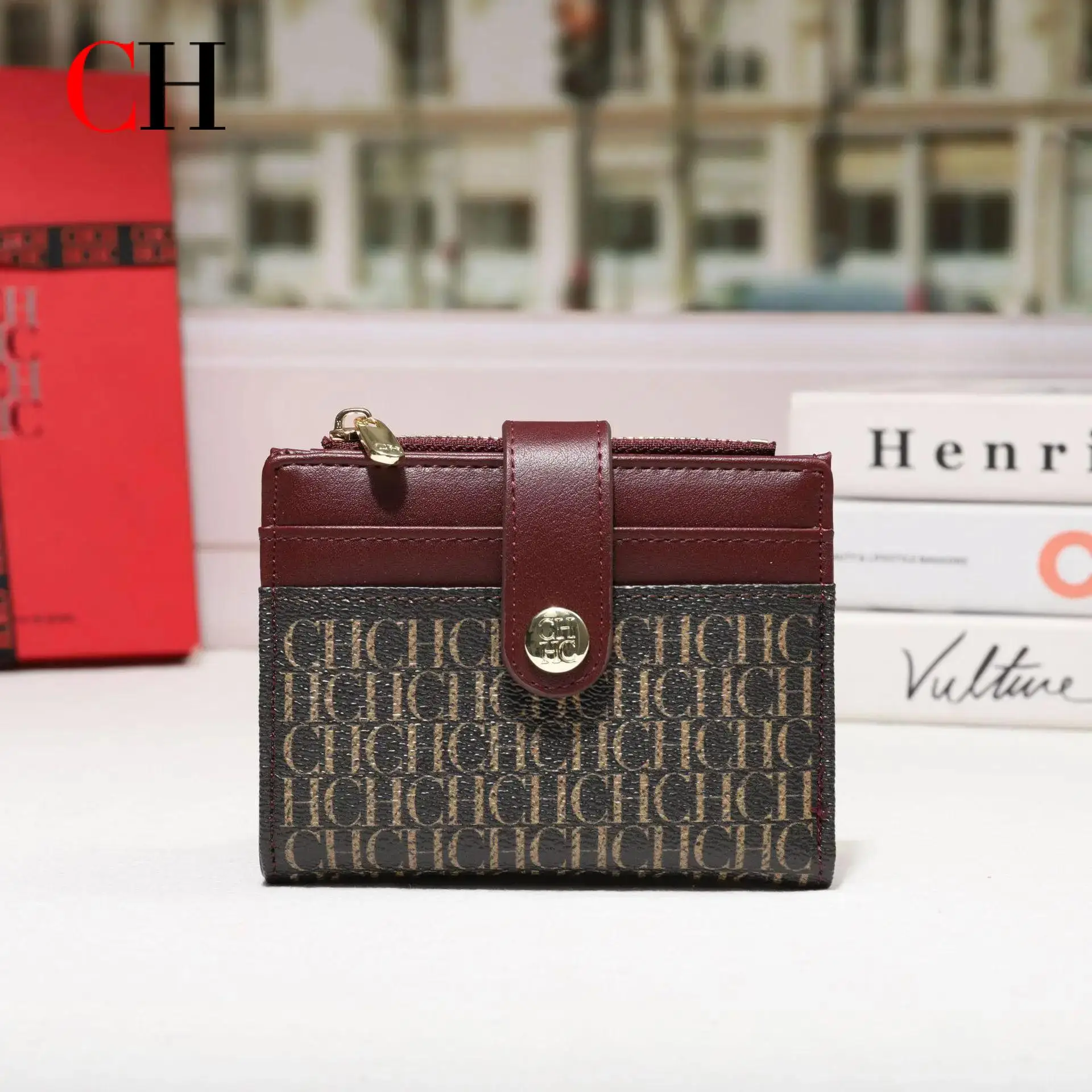 CH Luxury Classic Folding Wallet Small Lightweight Women's Wallet Retro Print Mini Card Holder Multi-function ID Card Coin Purse
