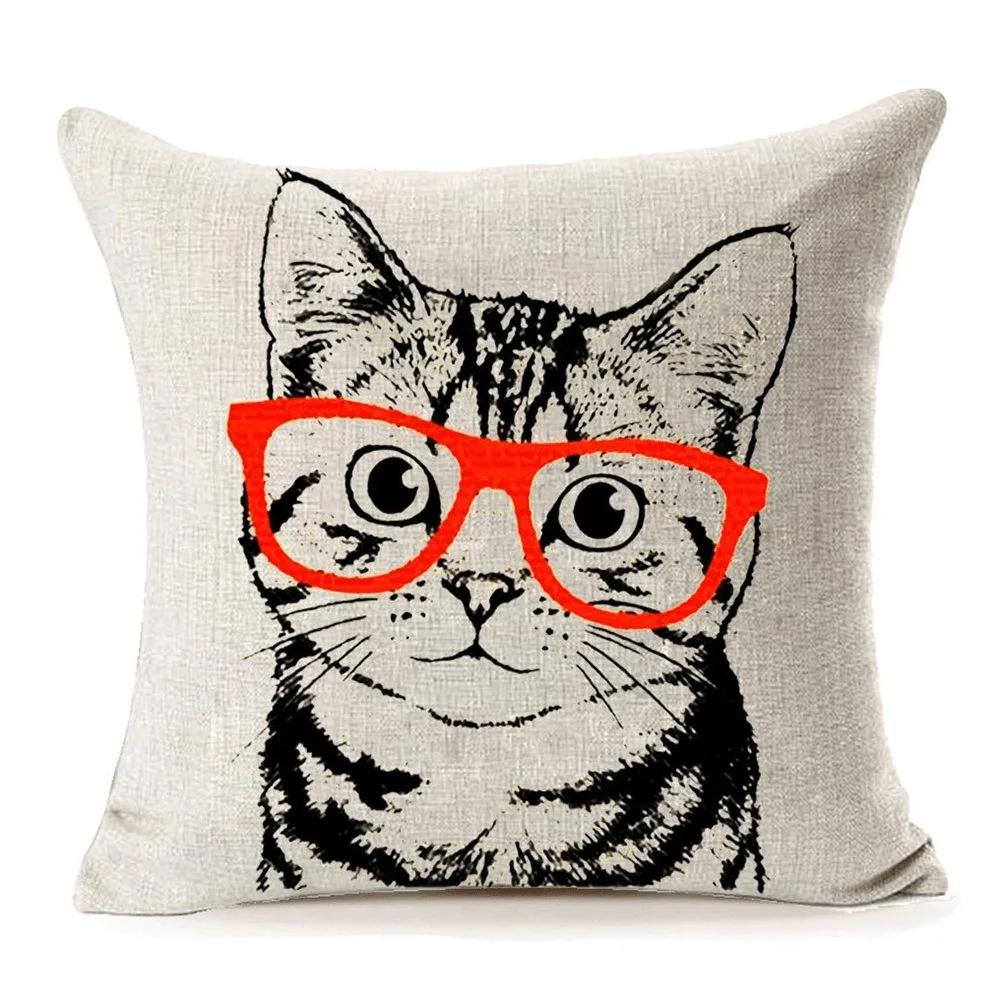 Cute Cat with Red Glasses Linen Pillow Cover - Modern Home Decor, Perfect Gift for Cat Lovers, Unique Design, Vibrant Colors