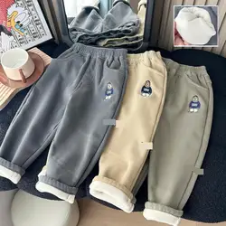 2025 Winter New Children Plus Velvet Thick Warm Pants Cotton Boys Casual Pants Cartoon Embroidery Kids Girls Fleece Trousers