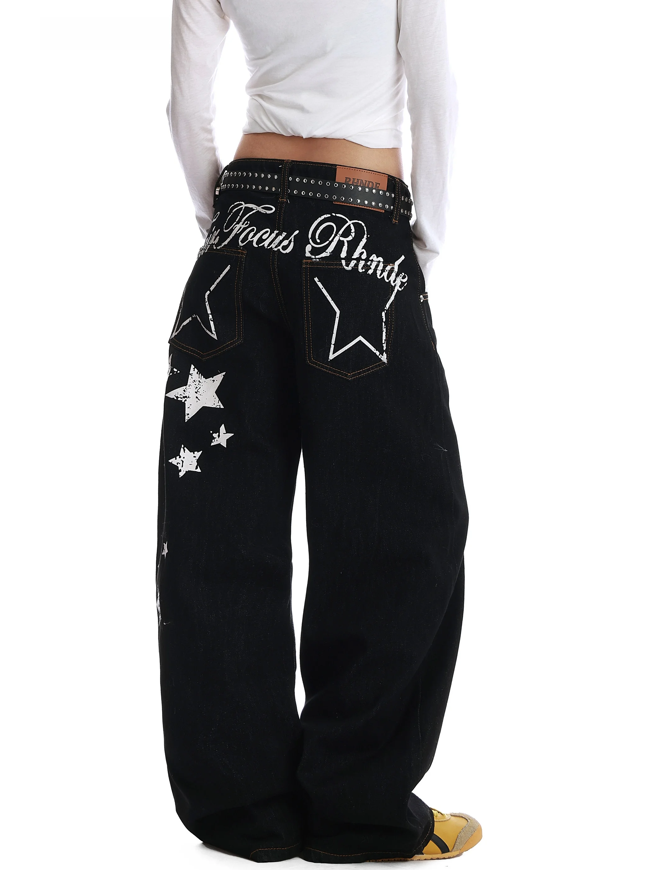 

Retro American High Street Star Print Black Jeans Men's Loose Straight Leg Wide Leg Floor Length Casual Trousers Trendy