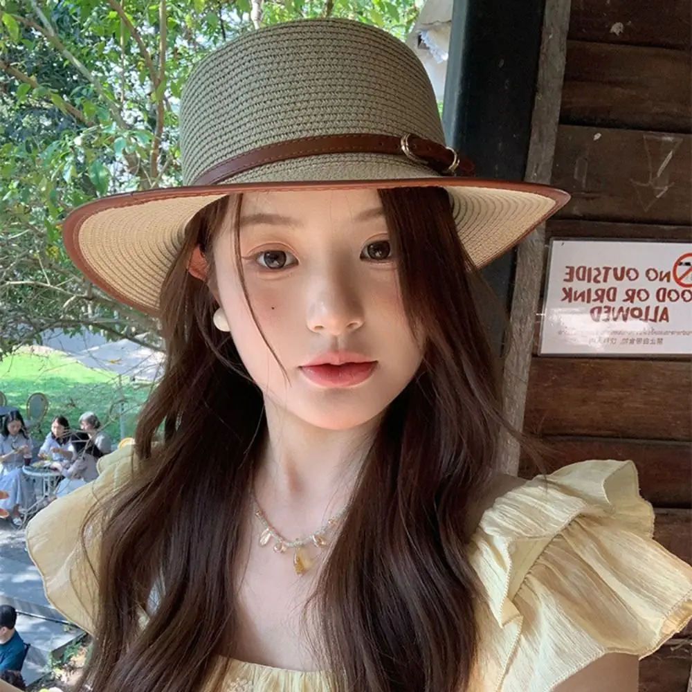

Simple Korean Style Straw Woven Hat Wide Brim Flat Brim Flat Top Cowboy Cap Concave Top Sunscreen Panama Hat Hiking