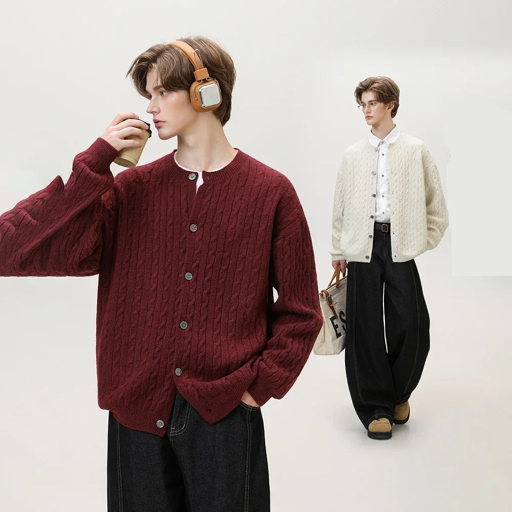 

TFETTERS Vintage Cable Knit Cardigan Men Fashion 2025 Autumn Winter New Long Sleeve O-neck Street Wear Solid Color Knitwear Man