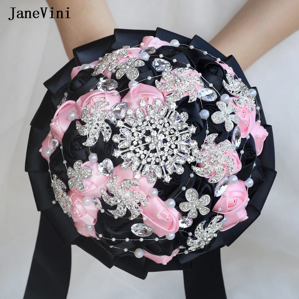 

JaneVini черно-розовые свадебные букеты цветы с кристаллами жемчуг искусственный атласный букет роз свадебные аксессуары для невест