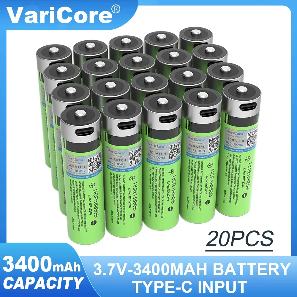 

20pcs VariCore 3.7v NCR18650B 3400Mah Lithium Rechargeable Battery TYPE-C portable for Home Remote Control Flashlight batteries