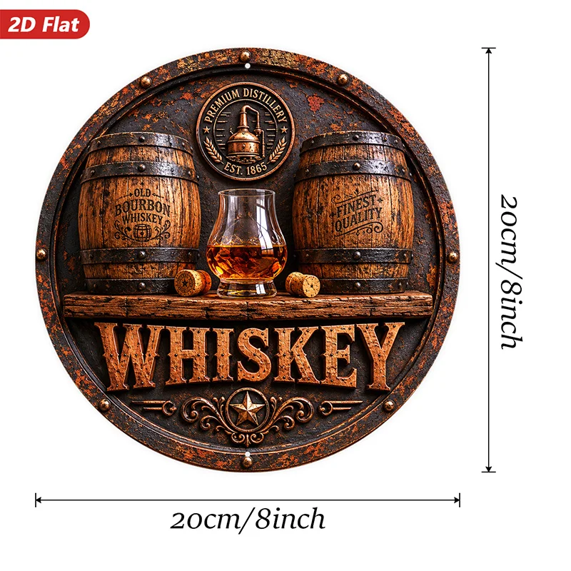 CIFBUY Vintage Whiskey Barrel Glass Sign, Aluminum Wall Art Waterproof Wear Resistant Round Metal Plaque for Bar Home Living Roo