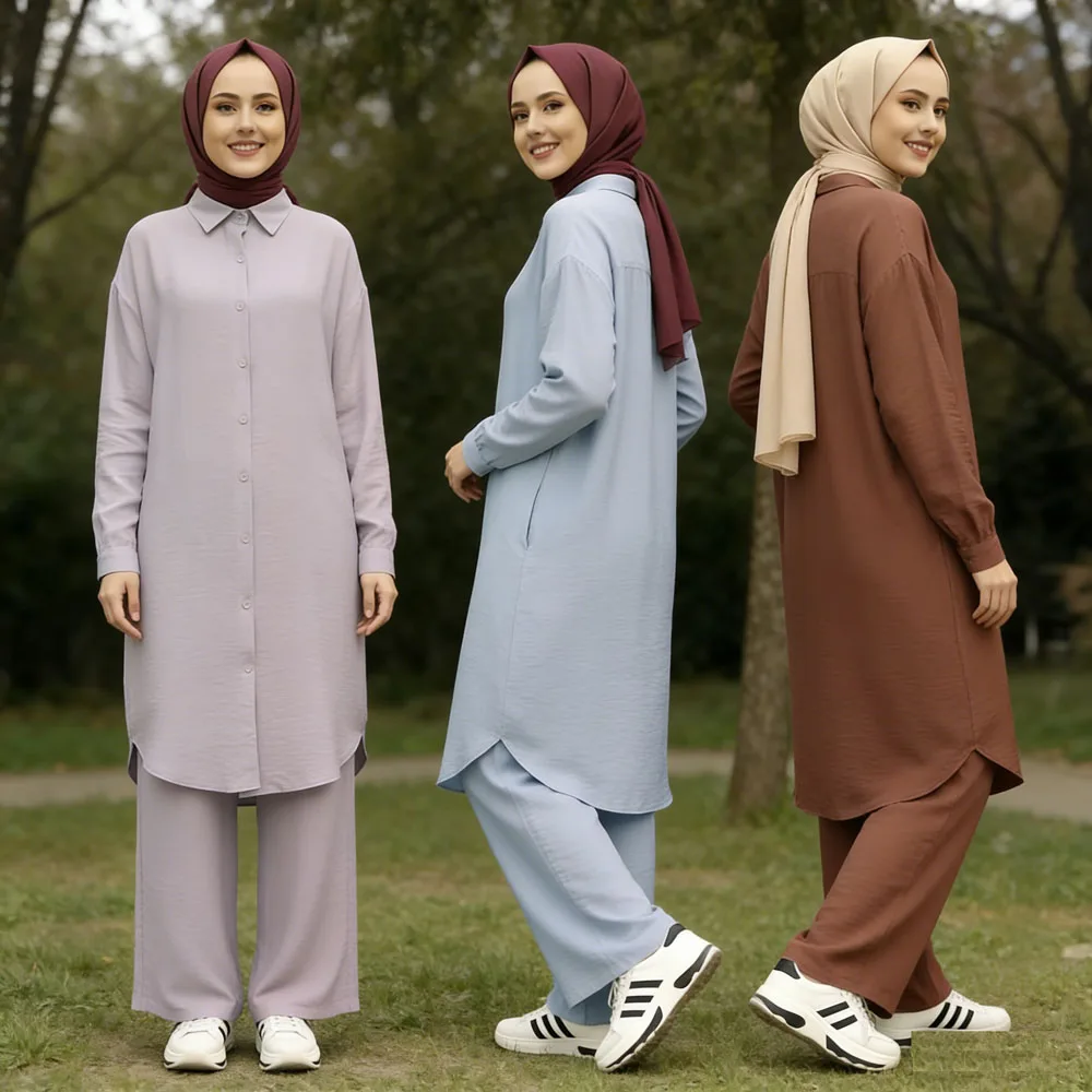 

Spring Muslim Outfit Set for Women Turkey Dubai Abaya with Long Sleeve Shirt Casual Pants Modest Islamic Clothing Ensembles Robe