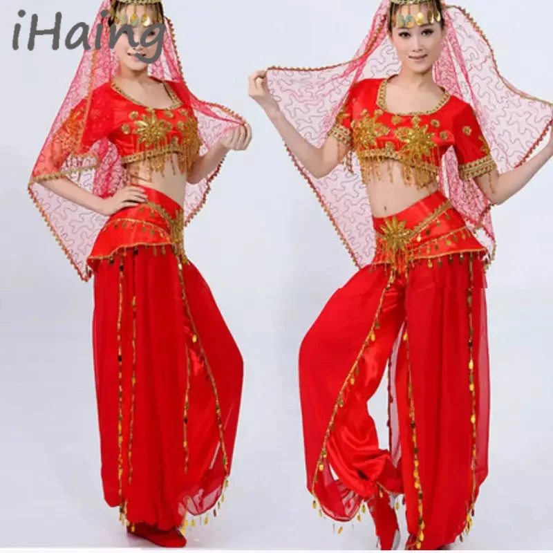 

Женский топ в арабском стиле для танца живота, брюки с блестками, комплект индийского костюма, блестящая одежда для косплея в Болливуде, танцевальная одежда для практики, наряд для рейва