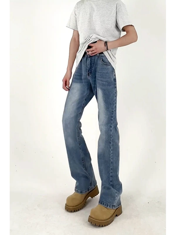 

Washed Distressed Men's Jeans High Street Slim Fit Straight Leg Long Pants Cleanfit Youthful Trendy Classic Blue Denim Jeans