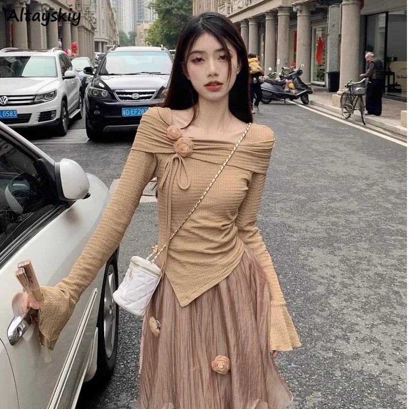 Knitted Basic Pullovers Women Square Collar 3D Floral Lace-up Irregular All-match Skin-friendly Spring Korean Style Gentle Chic