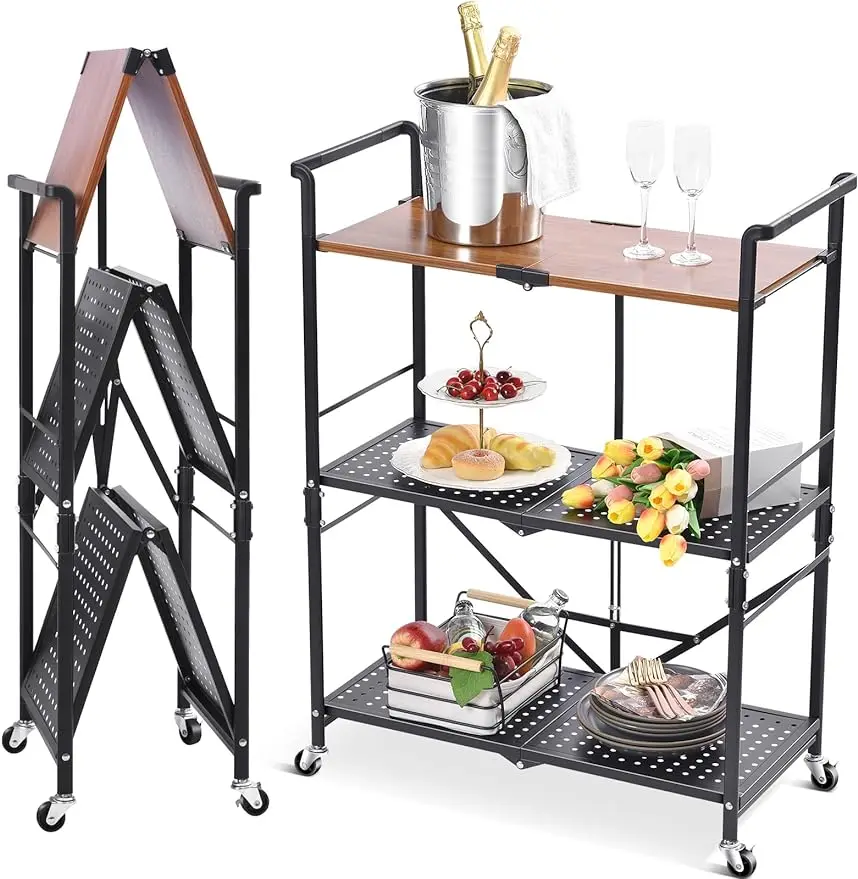 

TOOLF Foldable 3-Tier Storage Shelving Unit with Lockable Wheels Space-Saving Organizer Rack for Home and Office Freestanding